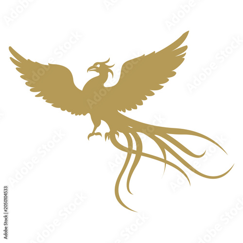 Phoenix Rising Flying Logo Concept, Majestic Gold Mythical Bird Tattoo Design