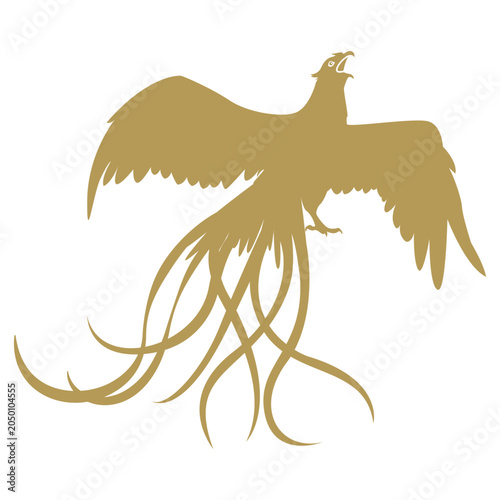 Mythological Simurgh Bird Graphic Element, Golden Fengshuang Fantasy Creature