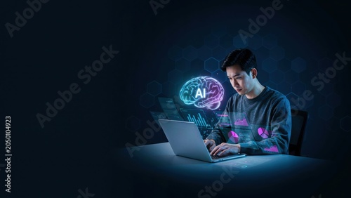 Professional analyzing futuristic AI brain hologram on laptop in dark tech workspace