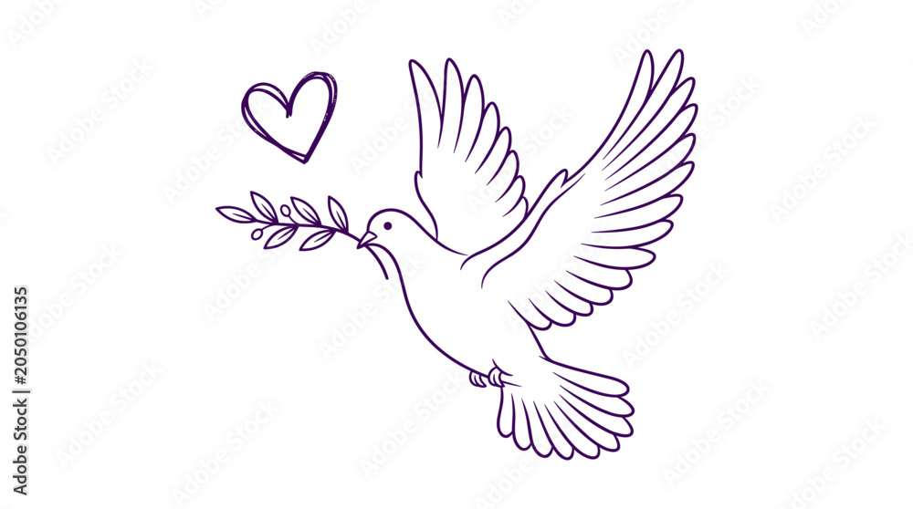 Naklejka premium Elegant minimalist vector illustration of a dove carrying an olive branch surrounded by a heart symbolizing peace