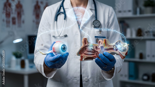 Doctor in a medical office holding a human eye and brain, surrounded by virtual anatomy, wearing blue gloves and a stethoscope, with a white lab coat and a professional background.