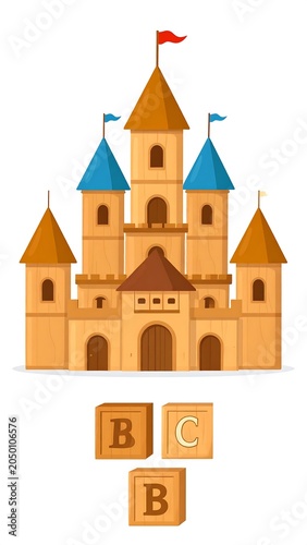 A cartoon castle with blue roofs and a red flag on a white background with wooden blocks