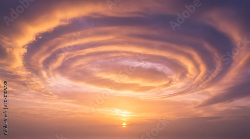 Dramatic Atmospheric Sunset Sky Background with Swirling Vortex Clouds and Golden Horizon Light