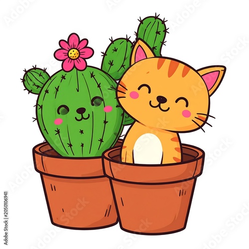 A cartoon cat and cactus in pots with smiling faces