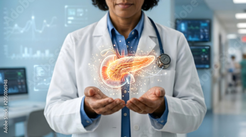 A smiling doctor in a white lab coat holds a glowing pancreas in their hands with a stethoscope around their neck in a modern hospital setting with blue tones and medical equipment.
