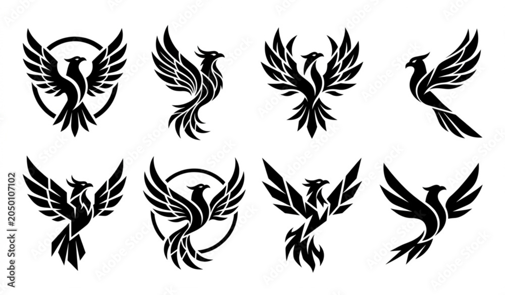 Fototapeta premium Collection of black phoenix bird logos and icons