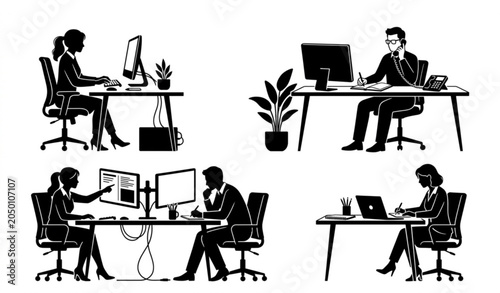 Foto Office workers silhouette collection diverse business professionals at desks