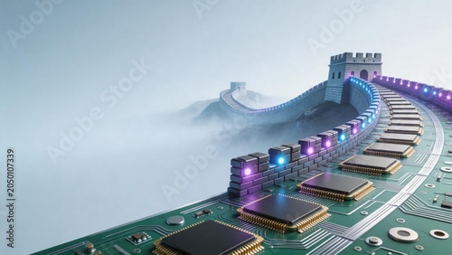 Growth and innovation in business technology as the Great Wall integrates with circuit boards, symbolizing career development and digital transformation for future success.