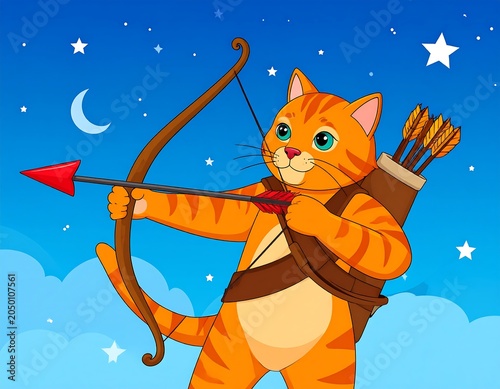 A cartoon cat dressed as a medieval archer with a bow and arrow