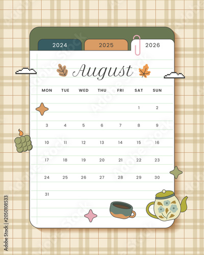 Monthly calender 2026 August with autumn design