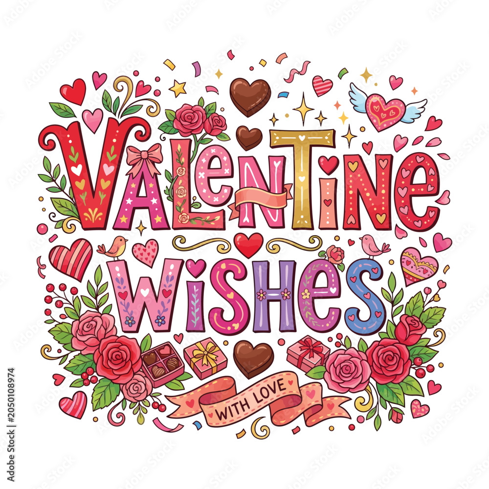 Naklejka premium Colorful Valentine Wishes Illustration Featuring Hearts Flowers and Gifts Design
