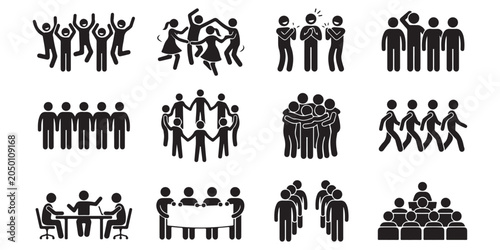 Black people icons set, teamwork and social interaction