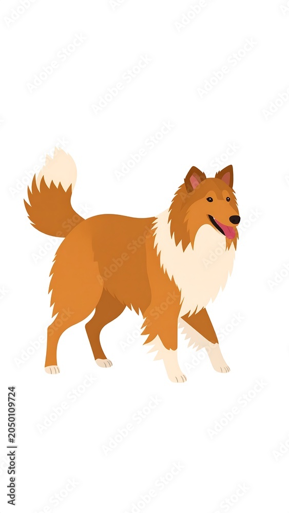 Obraz premium A cartoon-style illustration of a dog with a fluffy orange and white coat walking to the right
