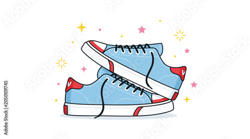 Stylish blue sneakers with red accents and playful stars in a minimalist vector style for modern design projects
