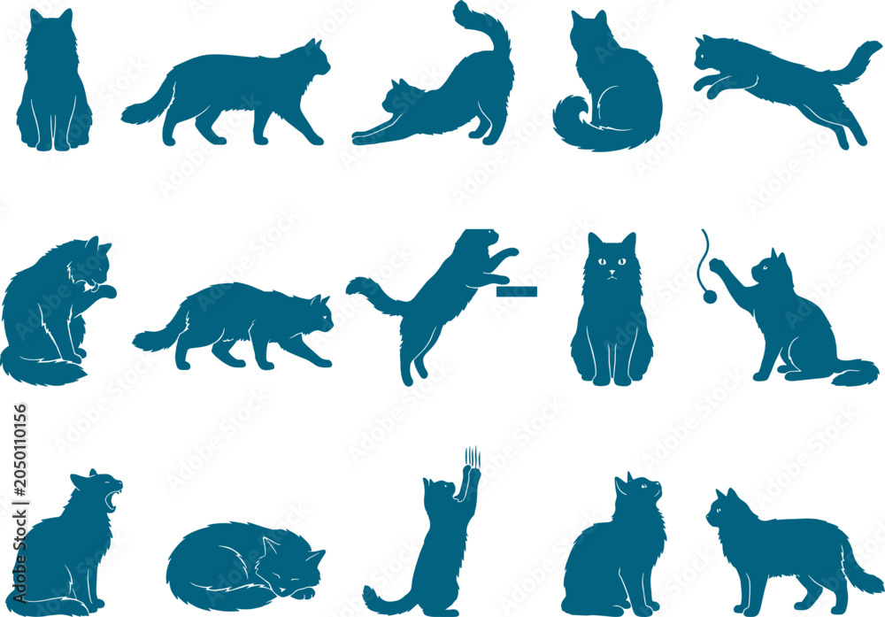 Fototapeta premium Long-haired cat silhouette collection showing fluffy felines in various sitting and playing poses pack