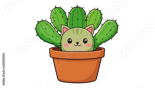A cartoon cat peeking out from behind a cactus in a pot