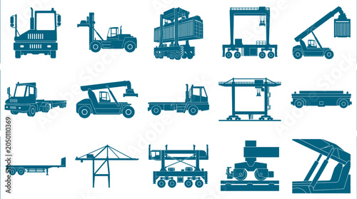 Port container handling equipment silhouette set featuring cranes straddle carriers and heavy logistics machinery