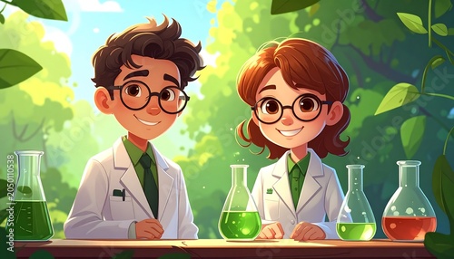 Illustration of two smiling scientists wearing lab coats and glasses, with beakers of colorful liquids, in a verdant setting