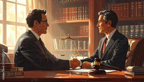 Illustration of two suited men shaking hands at a table with a gavel, scales, and a bookcase in the background