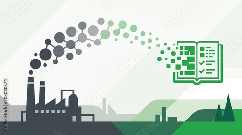 Minimalist flat vector illustration of factory emissions transforming into a digital compliance report representing ESG and sustainability
