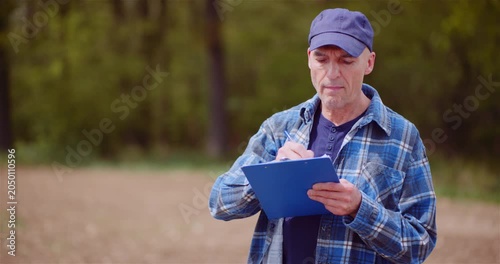 Man writing notes on clipboard outdoors in warm daylight