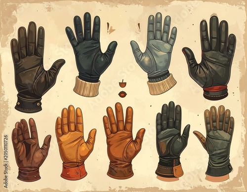 Illustration of various winter gloves in diverse colors. They are presented flat on a textured brown background