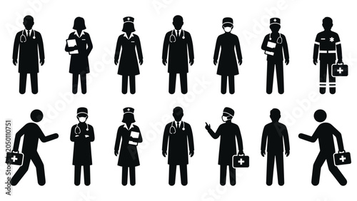Healthcare Worker Silhouettes Monochrome Flat Vector Set_26