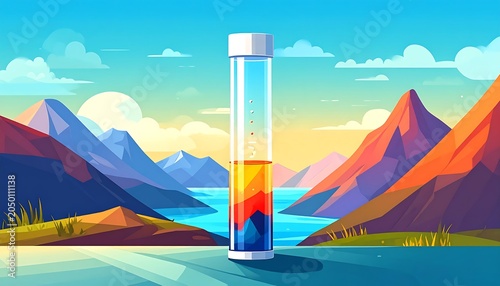 Illustration showcases a lab tube with colorful layers, set against a vibrant landscape of mountains and water under a sunny sky