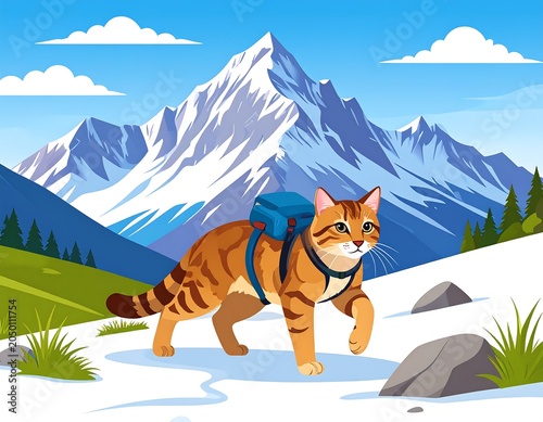 A cartoon cat with a backpack traverses a snowy path towards a majestic mountain range