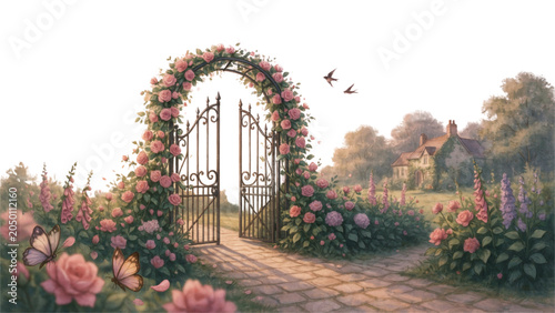 Foto Colorful rose archway in a lush garden with a bird flying Vector