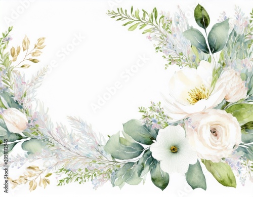 spring floral wedding bouquet white cream pastel watercolor corner banner elegant wreath frame