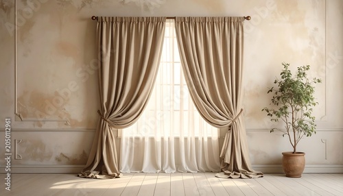 Interior image featuring elegant beige curtains framing a window, with natural light and a potted plant
