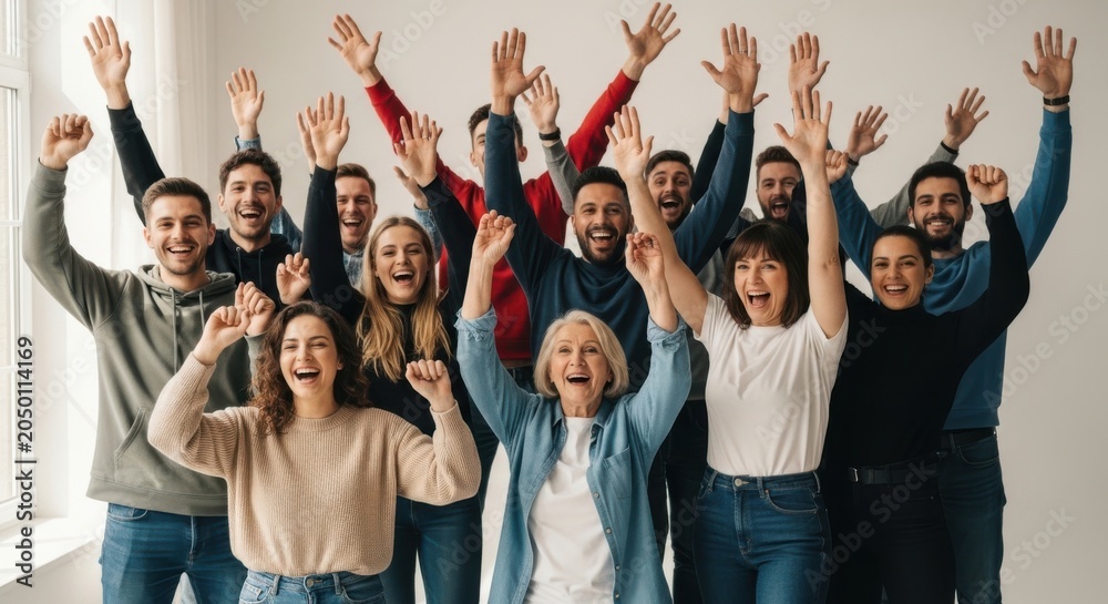 Fototapeta premium Diverse group of people celebrating with raised hands and confetti