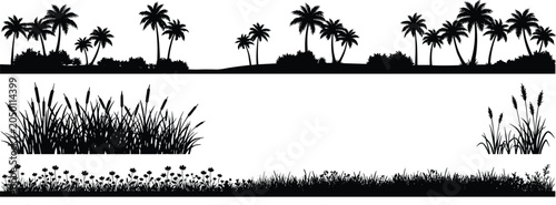 Photos Set of tropical landscape borders palm tree silhouettes wild grass and cattail r