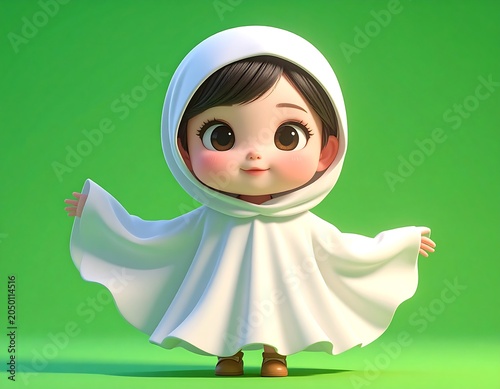 A cartoon child wears a white hooded robe against a green background