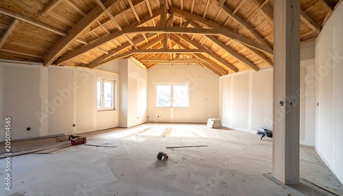 Interior perspective of an unfinished room with exposed wooden beams, natural light, and drywall. Construction stage visible