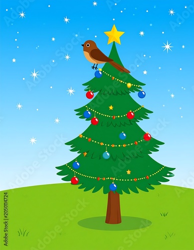 A cartoon Christmas tree with a bird on top, decorated with colorful lights and ornaments under a starry sky