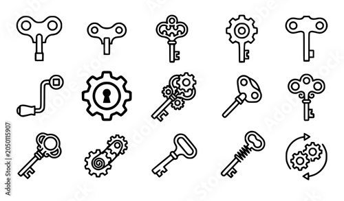 Wind up key icon set vector outline mechanical symbols isolated on white