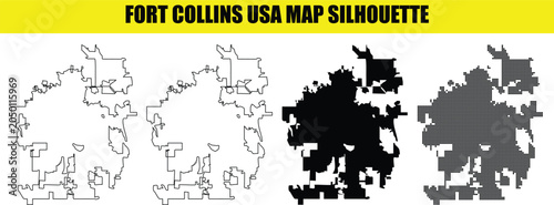 Konstfotografi Set of fort collins city maps in colorado usa with various silhouette styles and dotted patterns for design work