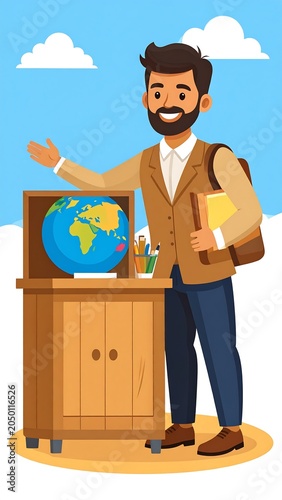 A cartoon man stands beside a desk with a globe and books