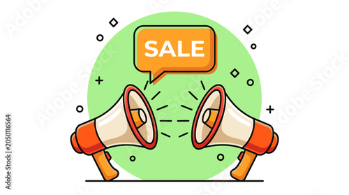 Two megaphones with sale speech bubble on green circle background