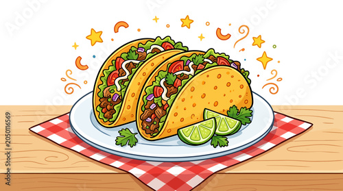 Three tacos on a plate with lime wedges and stars  Mexican food