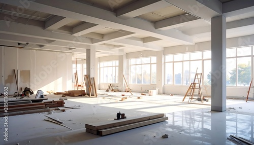 Interior view of a large, unfinished construction site. Bright, natural light streams in through large windows. Tools and materials are scattered around