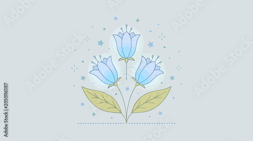Cute cartoon blue flowers with green leaves and stars on light blue background