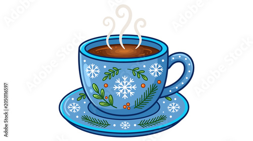 Blue ceramic cup and saucer with snowflake design hot coffee drink