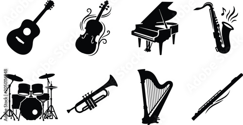Bild auf Leinwand Black and white musical instruments vector icons set featuring guitar violin gra