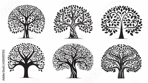 Photos Six intricate tree designs in black and white vector illustration arranged on a
