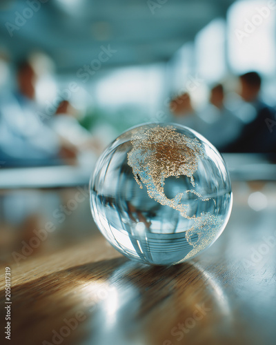 Global Business Strategy: A clear crystal globe showcasing North and South America sits on a polished wooden table, with a blurred background of business professionals in a meeting.