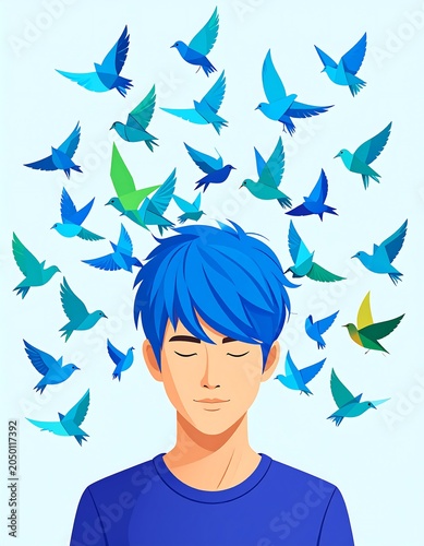 A cartoon man with blue hair and a blue shirt has colorful birds flying out of his head on a light blue background