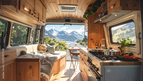 Interior view of a van conversion with a wooden kitchen, seating, and a breathtaking view of mountains